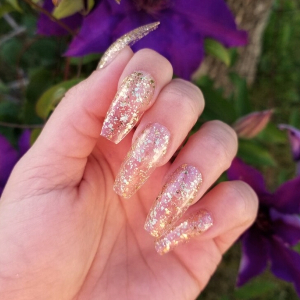 Clear Gold Glitter Press On Nails - New Hand Painted